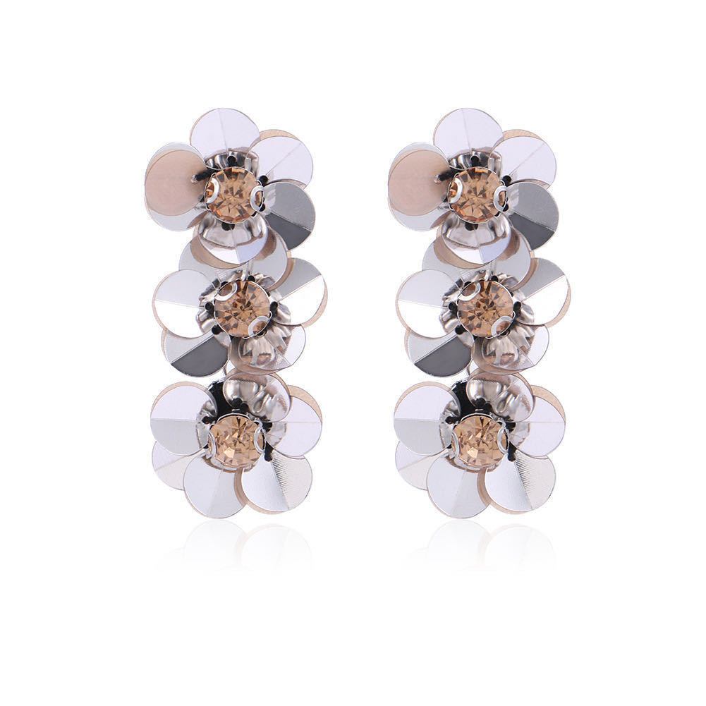 Women's Style Shiny Paillette Zircon Ear Three Flowers Earrings