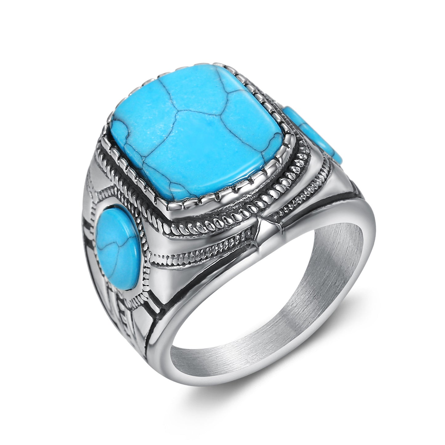 Men's Stainless Steel Fashion Retro Three-sided Blue Rings