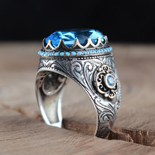 Inlaid Sea Blue Zircon Fashion Vintage Rings