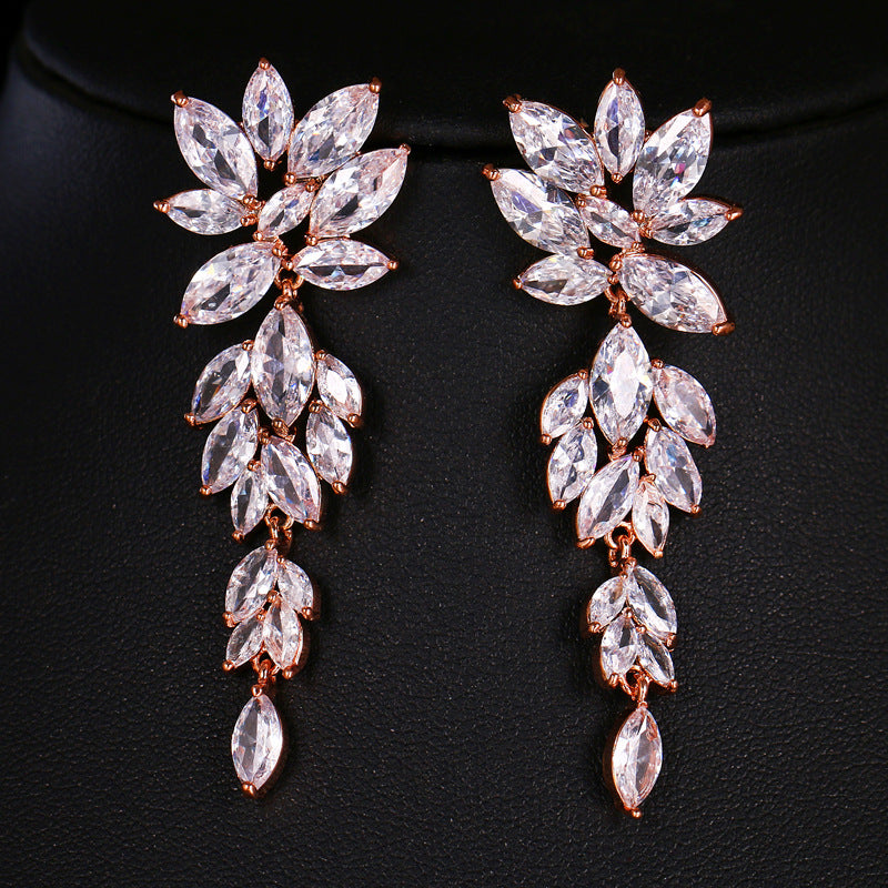 Long Olivine Full Diamond Inlaid Rose Earrings