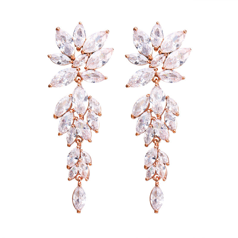 Long Olivine Full Diamond Inlaid Rose Earrings