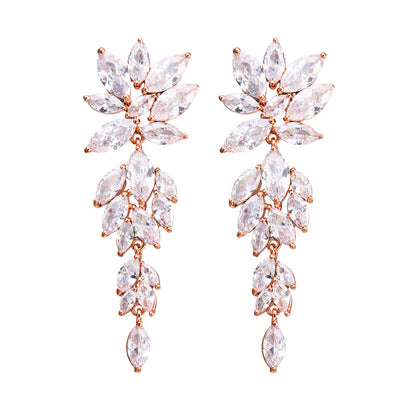 Long Olivine Full Diamond Inlaid Rose Earrings