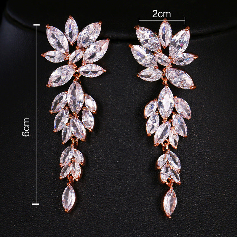 Long Olivine Full Diamond Inlaid Rose Earrings