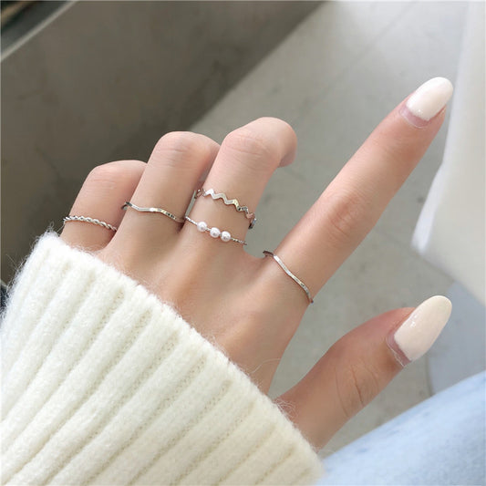 Women's Simple Pearl Wavy Combined Set Personalized Rings