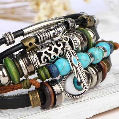 Blue Eyes String Beads Cattle Leather Retro Cutout Bracelets