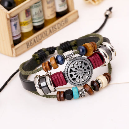 Woven Color Sunflower Ornament Beaded Cowhide Bracelets