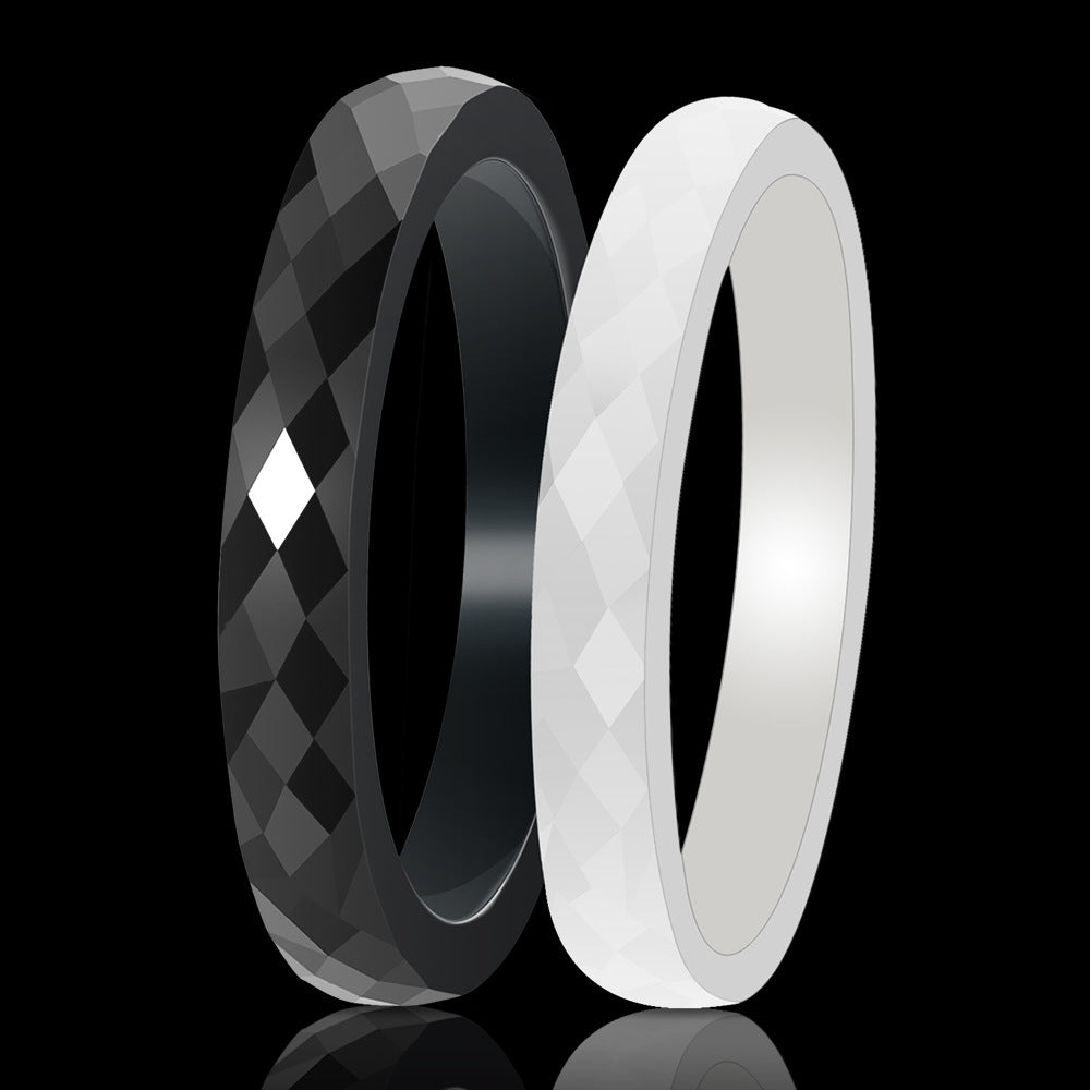 Ceramic Black White Cut Surface Diamond Rings