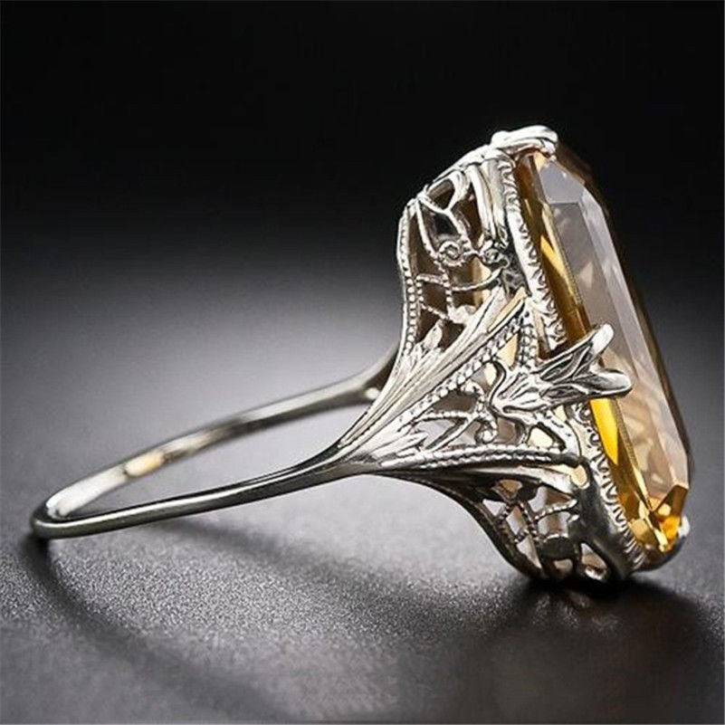 Citrine Hollow Carved Exaggerated Sier Hand Rings