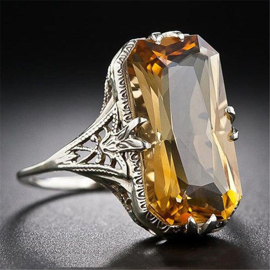 Citrine Hollow Carved Exaggerated Sier Hand Rings