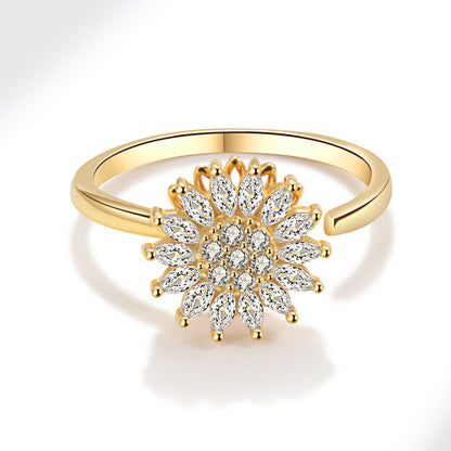 Sier Rotating Sunflower Female Full Diamond Rings