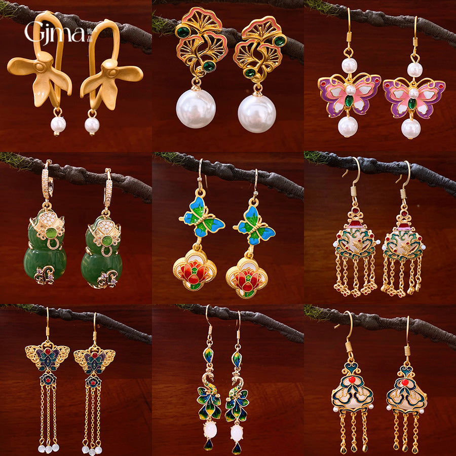 Women's Flower Gourd Pearl Tassel Niche Retro Ear Hook Light Earrings