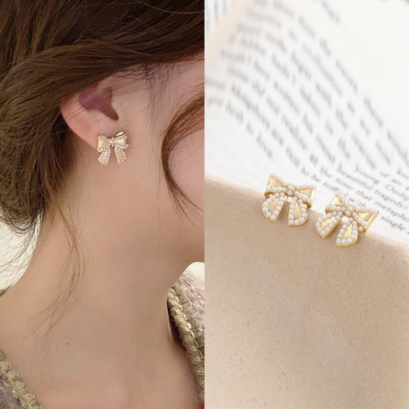 Sier Needle Fashion Bowknot Pearl Creative Earrings