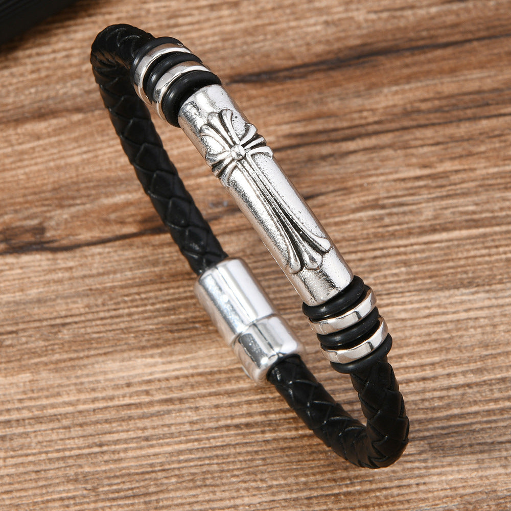 Men's Dumbbell Black Leather Woven Football Personalized Bracelets