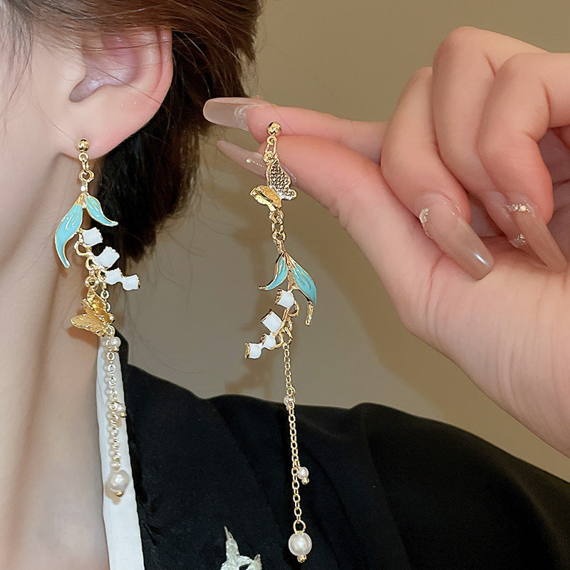 Chinese Ancient Style Super Fairy Bamboo Flower Pearl Tassel Earrings