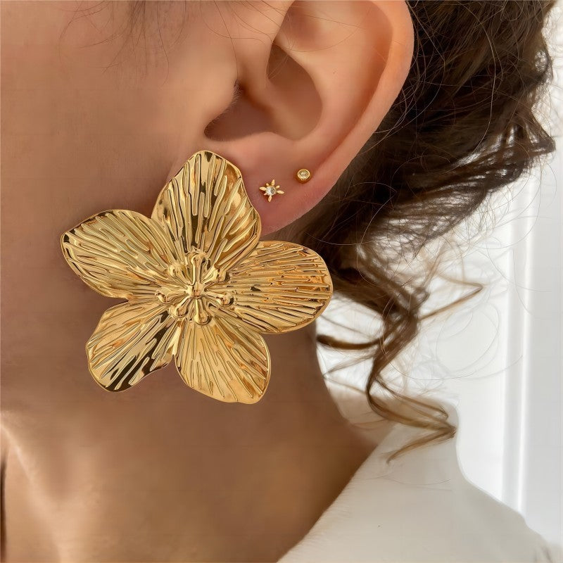 Gold Flower Female Niche Exaggerated Stainless Earrings