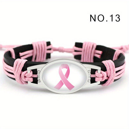 Pink Ribbon Handmade Braided Leather Wax Bracelets