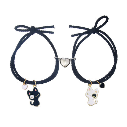 Women's & Men's Black White Cat Love Magnet Couple Bracelets