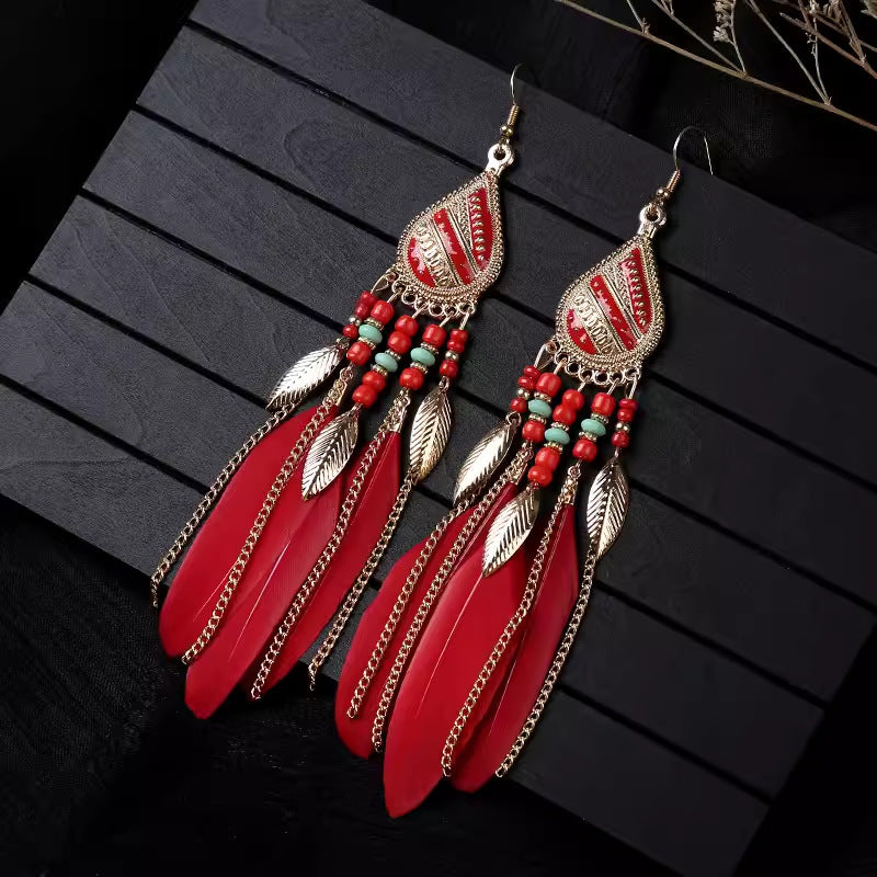 Ethnic Style Long Feather Temperamental Tassels Personality Earrings