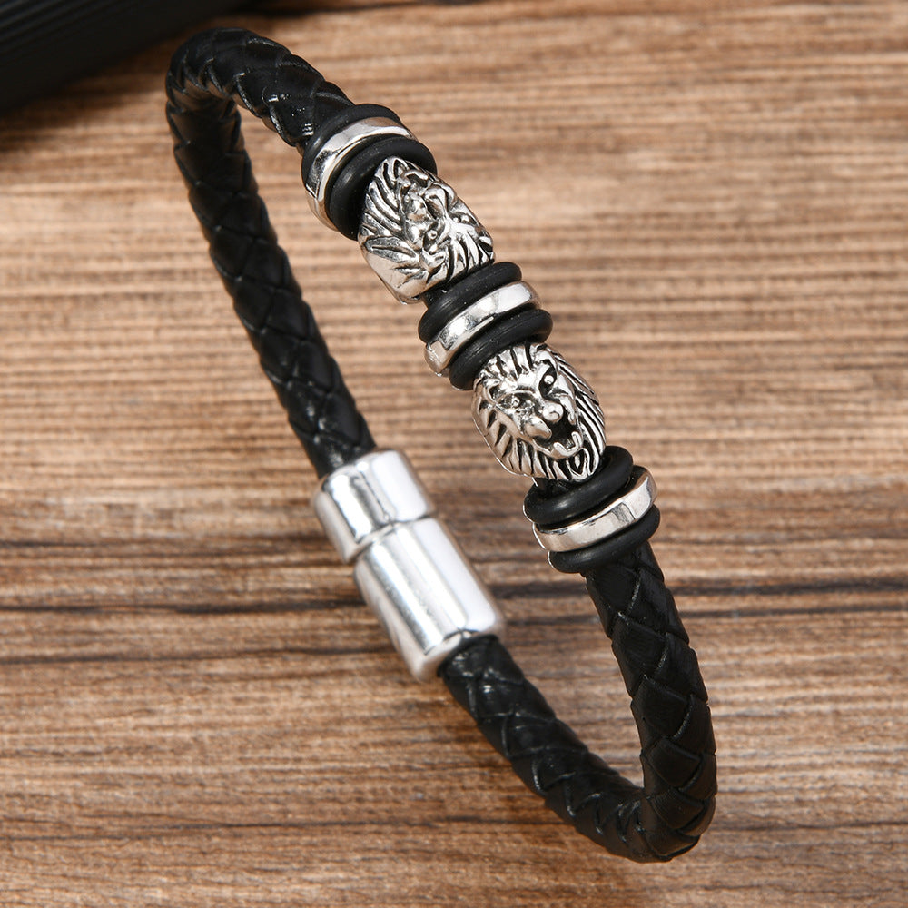 Men's Dumbbell Black Leather Woven Football Personalized Bracelets