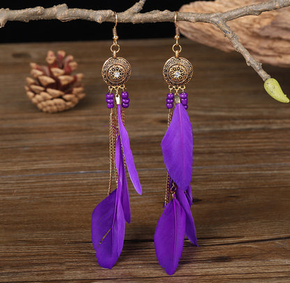 Ethnic Style Long Feather Temperamental Tassels Personality Earrings