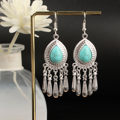 Tassel Turquoise Retro Imitation Miao Sier Minority National Style Earrings