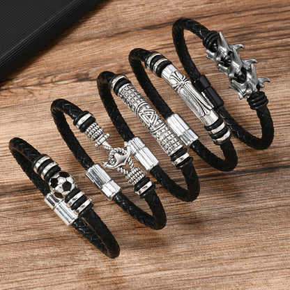 Men's Dumbbell Black Leather Woven Football Personalized Bracelets