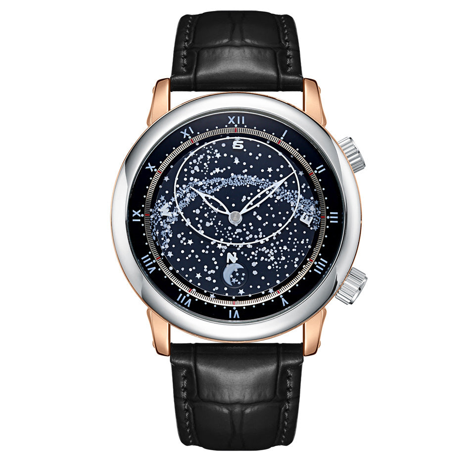 Men's Automatic Leather Rotating Starry Rose Gold Mechanical Watches