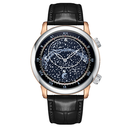 Men's Automatic Leather Rotating Starry Rose Gold Mechanical Watches