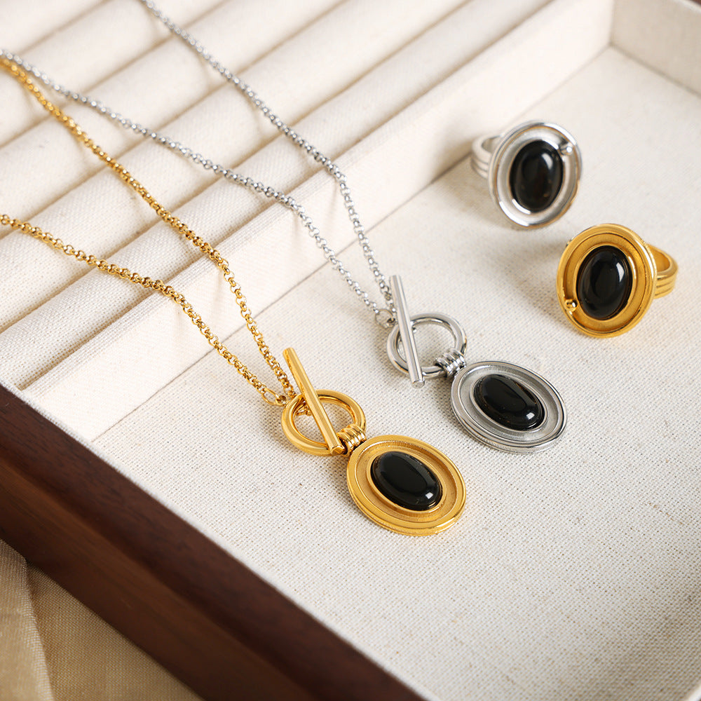 Composite Titanium Steel Gold-plated Inlaid Agate Oval Necklaces