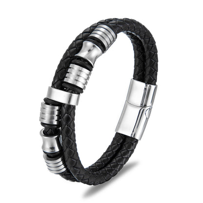 Men's Leather Black Stainless Steel Simple Bracelets