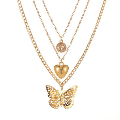 Women's Twin Vintage Butterfly Love Multilayer Collarbone Necklaces