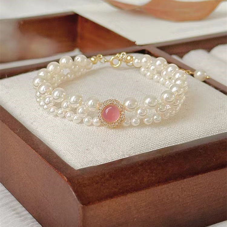 Women's Small Sweet Potato Rose Chalcedony Pearl Bracelets