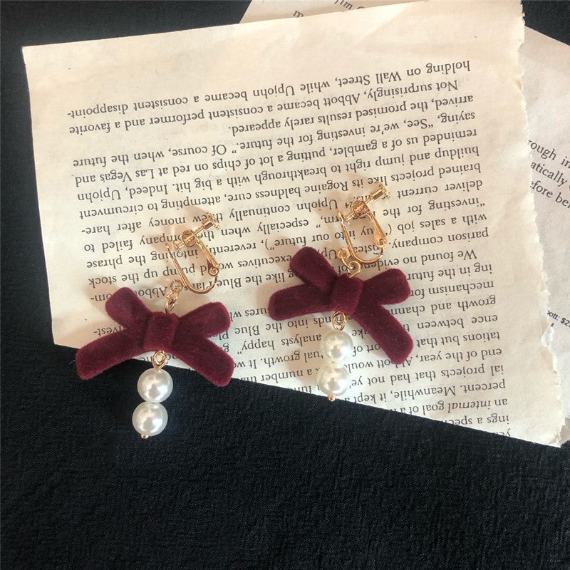 Women's Burgundy Veet Bow Red Girly Heart Earrings