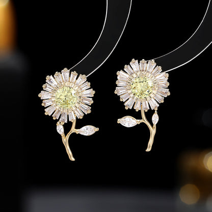 High-grade Zircon Inlaid Sier Needle Niche Designer Sunflower Earrings