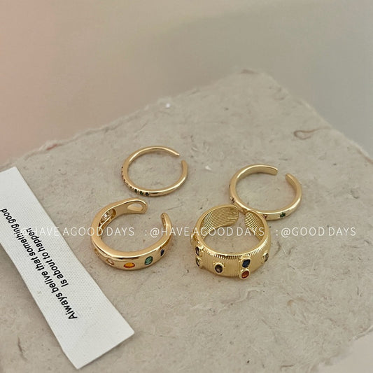 Micro Inlaid Colorful Zircon Geometric Open Fashion Personality Wide Rings