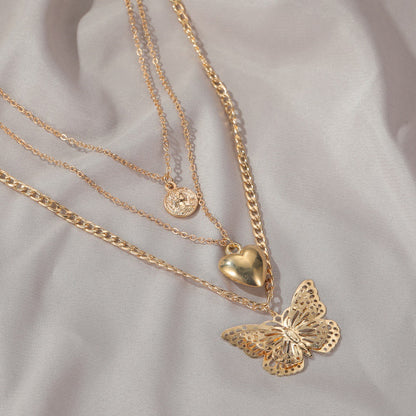 Women's Twin Vintage Butterfly Love Multilayer Collarbone Necklaces