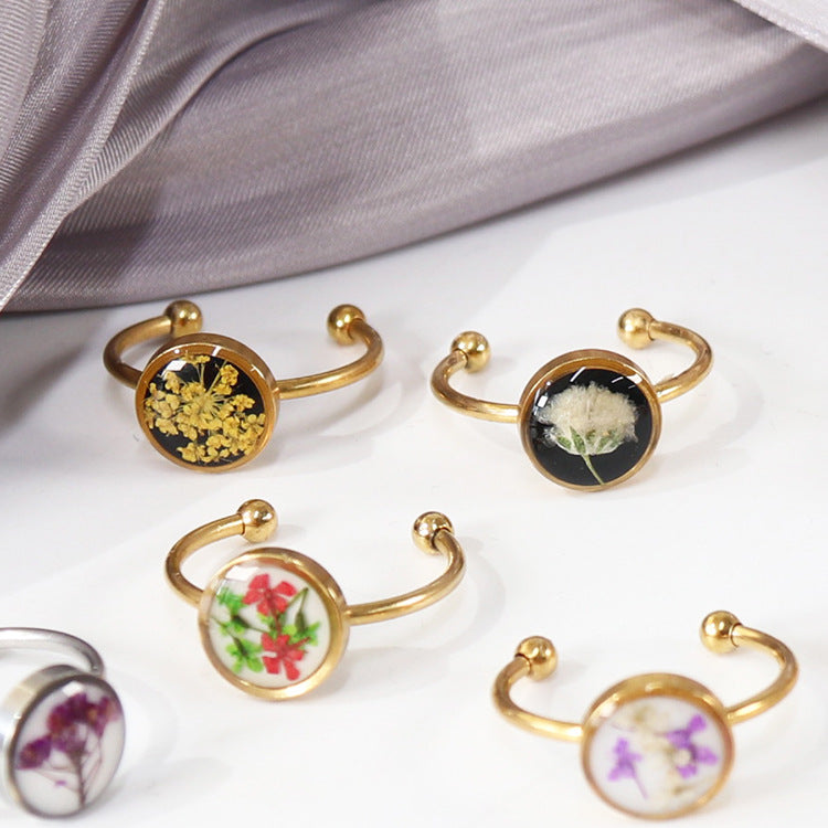 Natural Dried Flower Myosotis Stainless Steel Rings