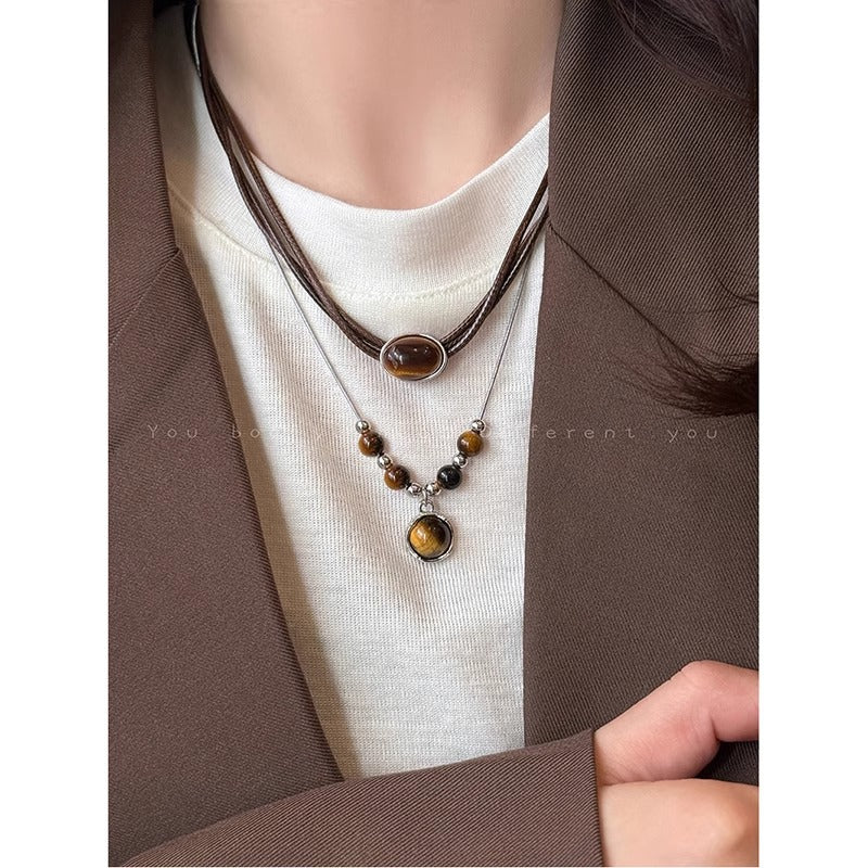 Women's Style Leather Tiger Eye Simple Sweater Chain Necklaces