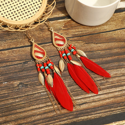 Long Feather Ethnic Style Tassel Yunnan Earrings