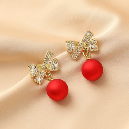 Needle Red Pearl Diamond Niche Design Earrings