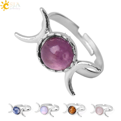 Women's Vintage Crescent Moon Sun Adjustable Sier Natural Stone Rings