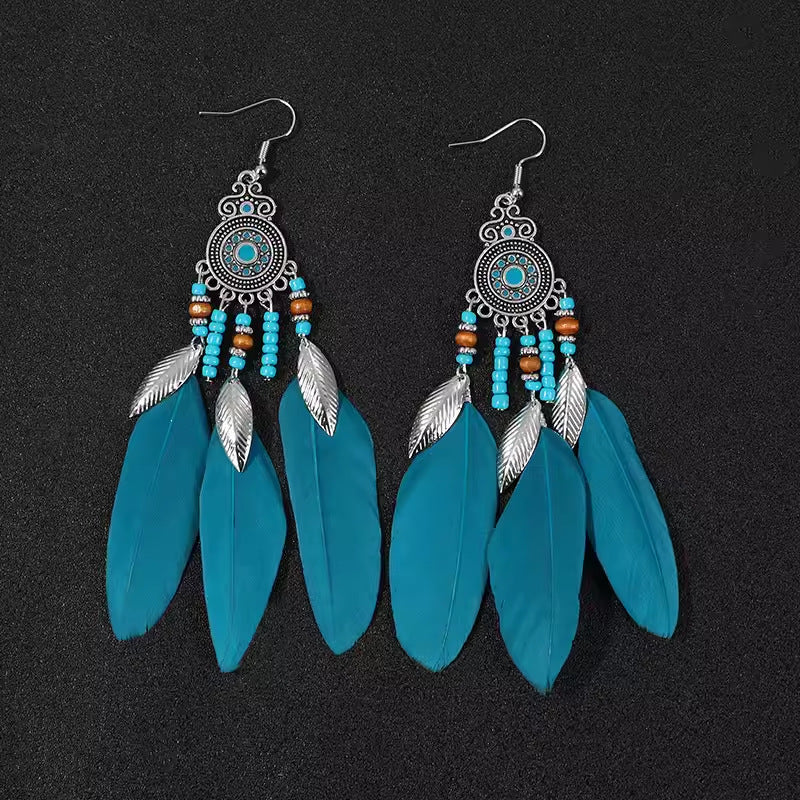 Ethnic Style Long Feather Temperamental Tassels Personality Earrings