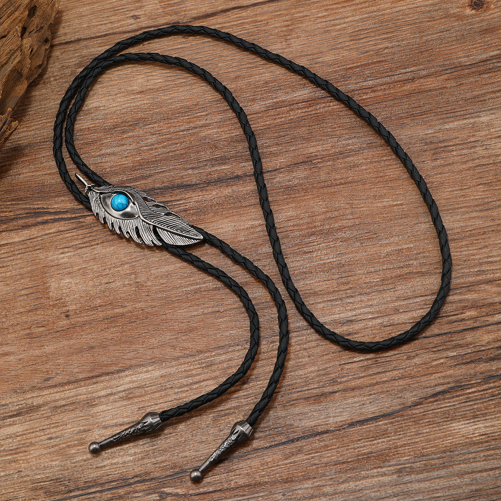 Men's Artistic Turquoise Feather Pattern Alloy Black Polo Collar Necklaces