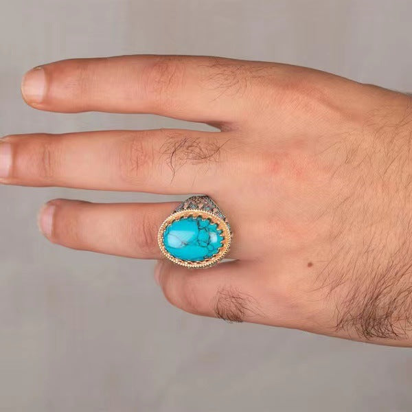 Men's Retro Electroplated Two-color Inlaid Imitation Turquoise Rings