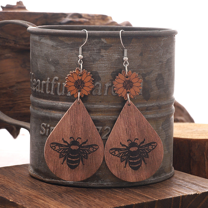 Western Style Farm Series Sunflower Bee Earrings