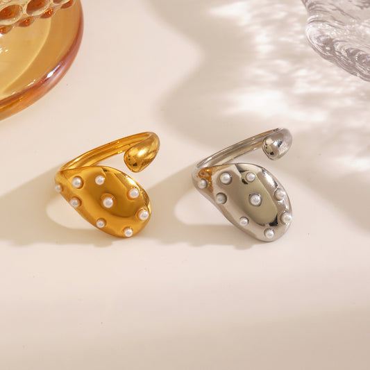 Pearl Inlaid Stainless Steel Female French Retro Rings