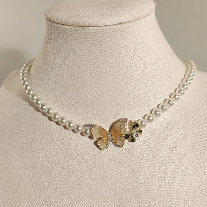 Temperamental Fairy Light Luxury Pearl Zircon Crystal Butterfly Necklaces