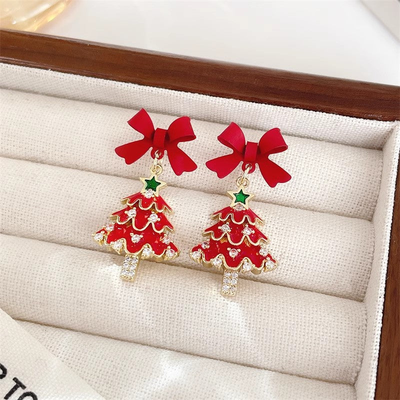 Christmas Female Red Bow Colorful Tree Earrings