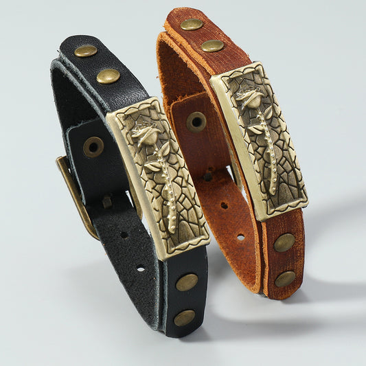 Men's Vintage Cowhide Ornament Alloy Rose Leather Bracelets