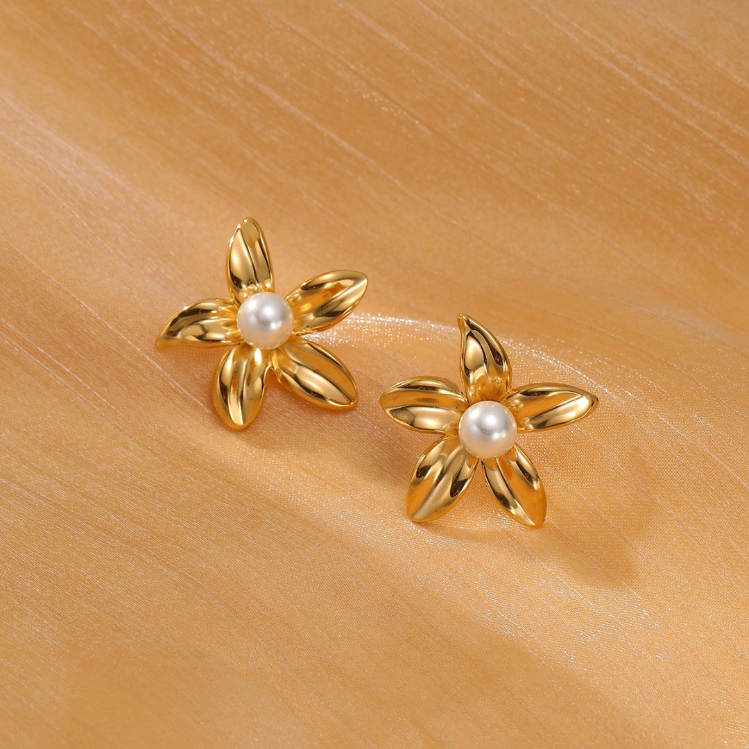 Titanium Steel Pearl Flower High-grade Simple Earrings